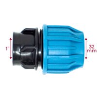 Jason Kupplung PP 32 mm x 1" Klemm x Innengewinde 16bar Schwarz/Blau DVGW/KIWA/WRAS/SVGW