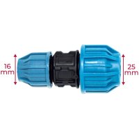 Jason Reduzierkupplung PP 25 mm x 16 mm Klemm 16bar Schwarz/Blau DVGW/KIWA/WRAS/SVGW